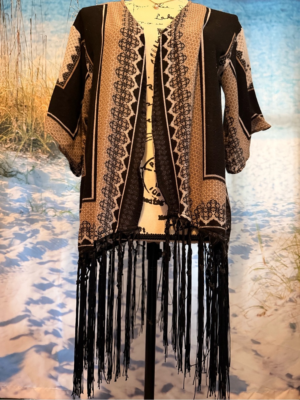 Sweet Rain Black and Tan Fringe Kimono Cardigan